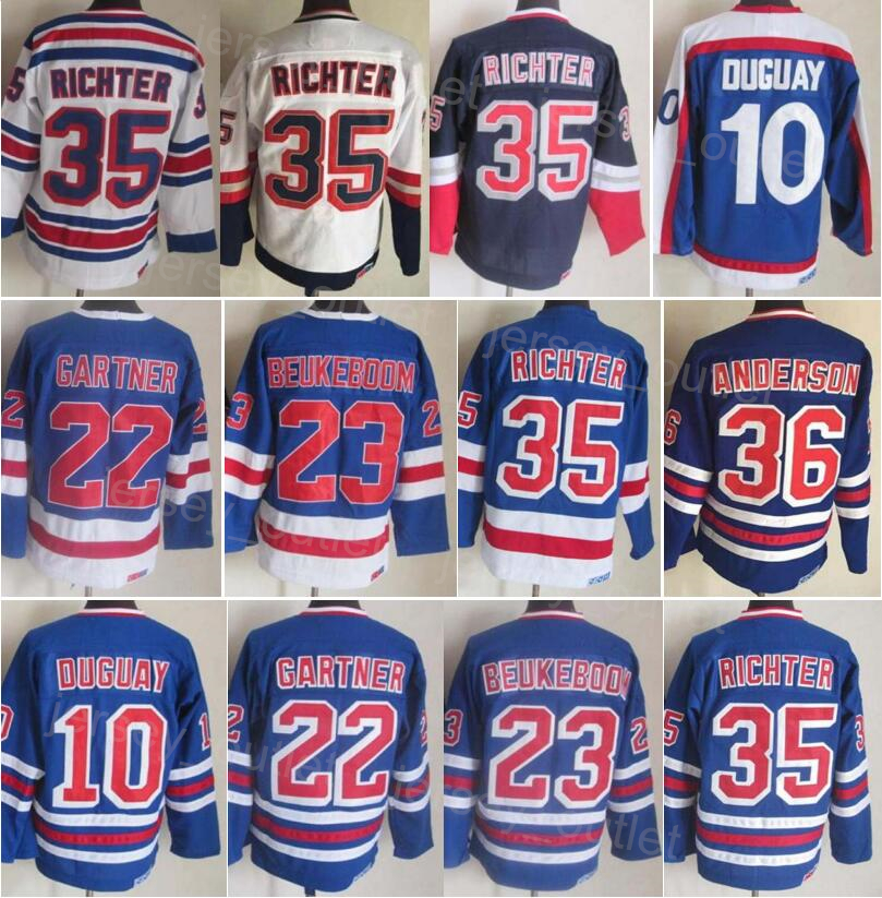 

Men Hockey Retro 35 Mike Richter Jersey Vintage Classic 10 Ron Duguay 22 Mike Gartner 23 Jeff Beukeboom 36 Glenn Anderson 75th Anniversary 1991-92 CCM All Stitched, Blue
