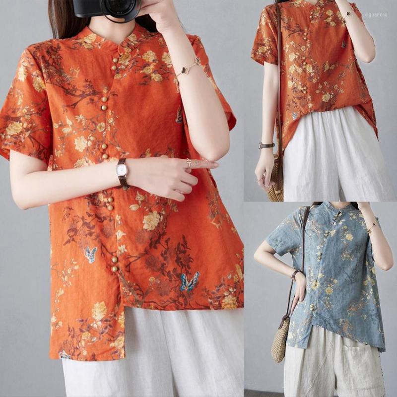 

Ethnic Clothing Chinese Traditional Clothes Casual Linen Cotton Short Sleeve Blouse Vintage Floral Print 2022 Fashion Loose Soft Hanfu