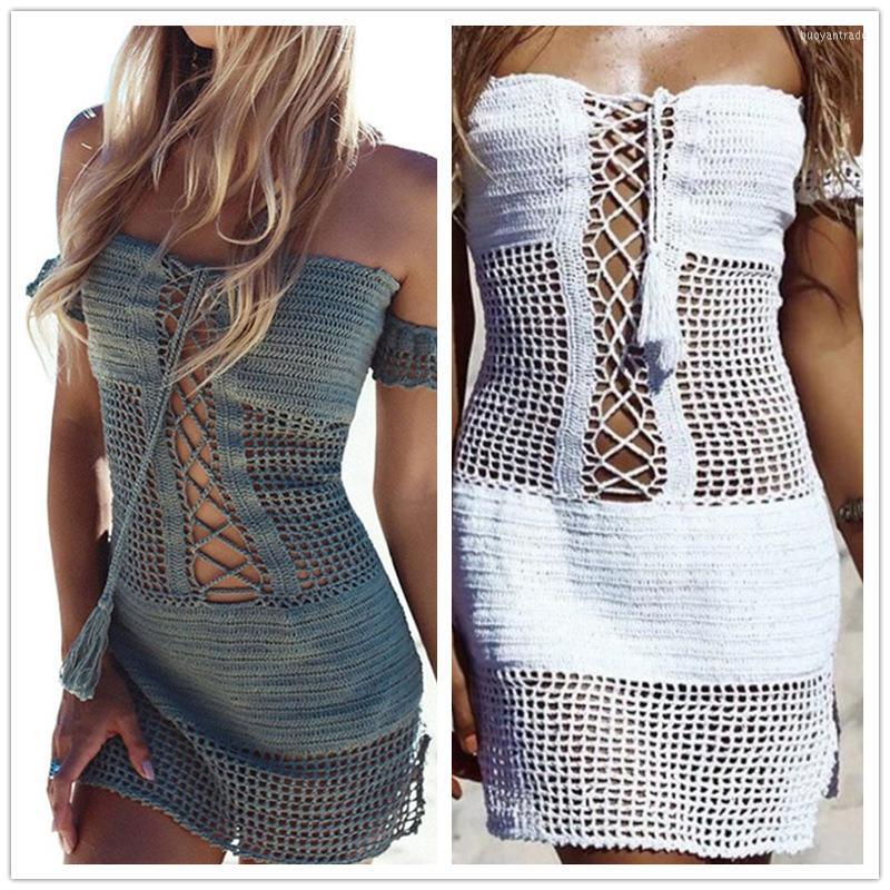 

Women's Swimwear Beach Dress For Women Swimsuit Cover Exit Saida Praia 2022 Word Sexy Hollow Knitting Solid Cotton Up Women's, Blue