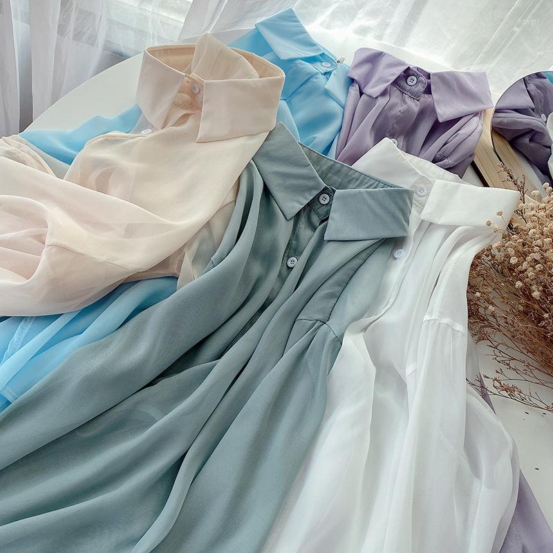 

Women's Blouses Euro Fashion Thin Chiffon Sunscreen Women Blouse Summer Long Sleeve Back Split Bandage Clothes Top Shirt, Green