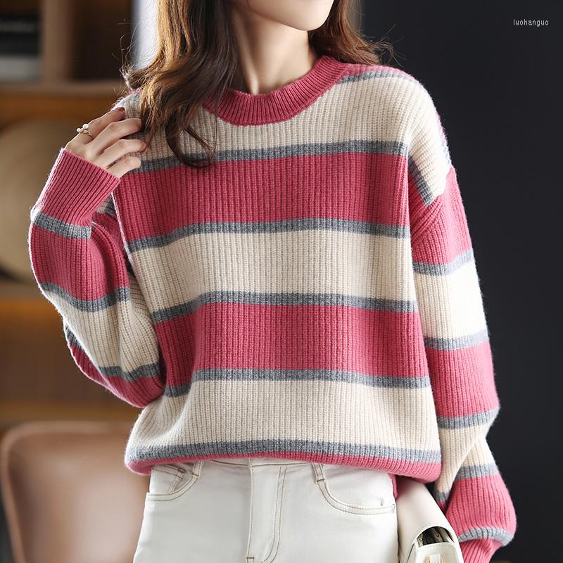 

Women' Sweaters Autumn/Winter French Striped Knitted Round Neck Sweater Large Size Women' Lantern Sleeve Loose Pullover Fashion, Navy blue