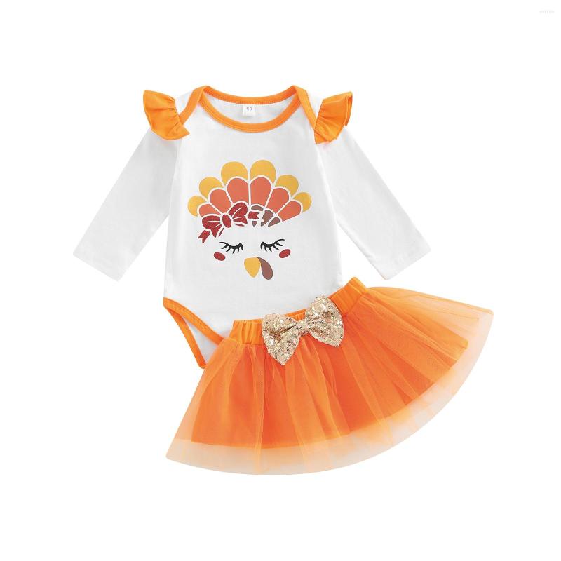 

Clothing Sets Thanksgiving Day Infant Girl Spring Clothes Set Long Sleeve Round Neck Ruffled Shell Romper Tulle A-Line Short Skirt Sequin, Picture shown