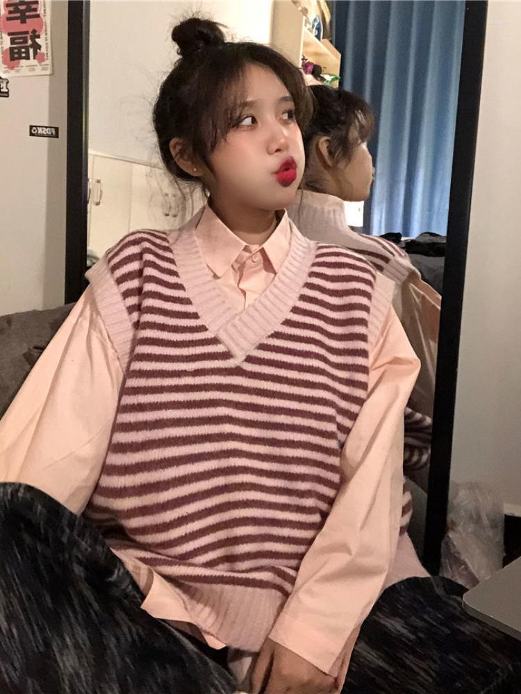 

Women' Vests Korean Fashion Streetwear Harajuku Sweater Vest Women V-neck Loose Vintage Striped Waistcoat Y2k Casual All-match Knitted, Pink shirts