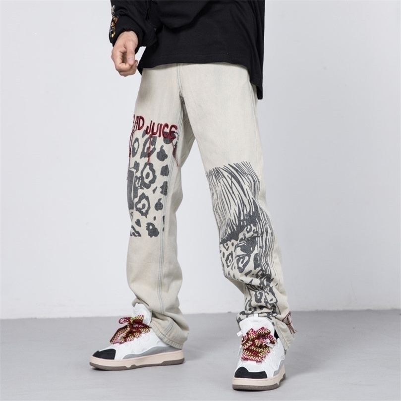 

Mens Jeans Arrival Letter Embroidery Retro Washed Men Baggy Jeans Trousers Khaki Hip Hop Straight Punk Vintage Casual Denim Pants 220930, Apricot
