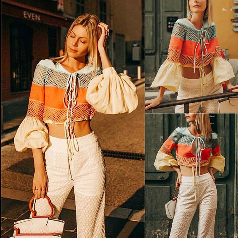 

Women' Blouses Women' & Shirts 2022 Summer Beach Cover-up Blouse For Women Knitted Lace-Up Hollow-out Bandage Short Swimsuit Ruffle, Multi