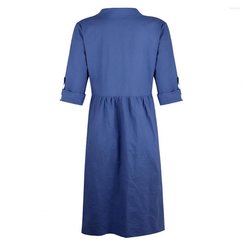 

Casual Dresses Comfy Retro Solid Color Long Sleeve Shirt Dress Soft Pullover Buttons Half Placket Female Clothing, Blue
