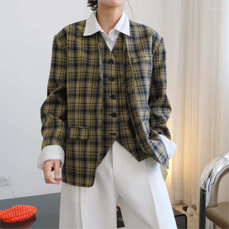 

Women' Suits Spring And Autumn Women' Casual Plaid Single-breasted Pocket Decoration Fake Two Loose Jackets, Army green