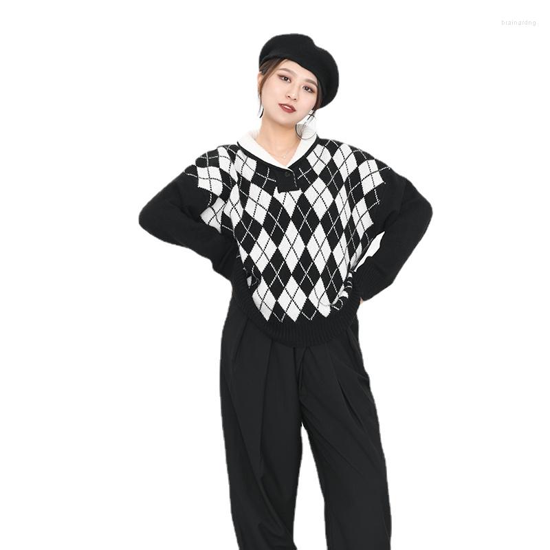 

Women's Sweaters Argyle Big Size Green Knitting Pullovers Women's Sweater Loose V- Neck Long Sleeve Fashion Autumn Winter 2022