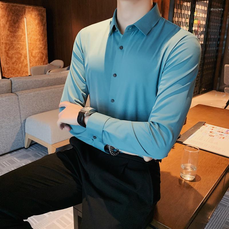 

Men's Casual Shirts High Quality Ice Silk Seamless Shirt For Men Solid Color Long Sleeve Slim Business Social Formal Dress 2022, Black