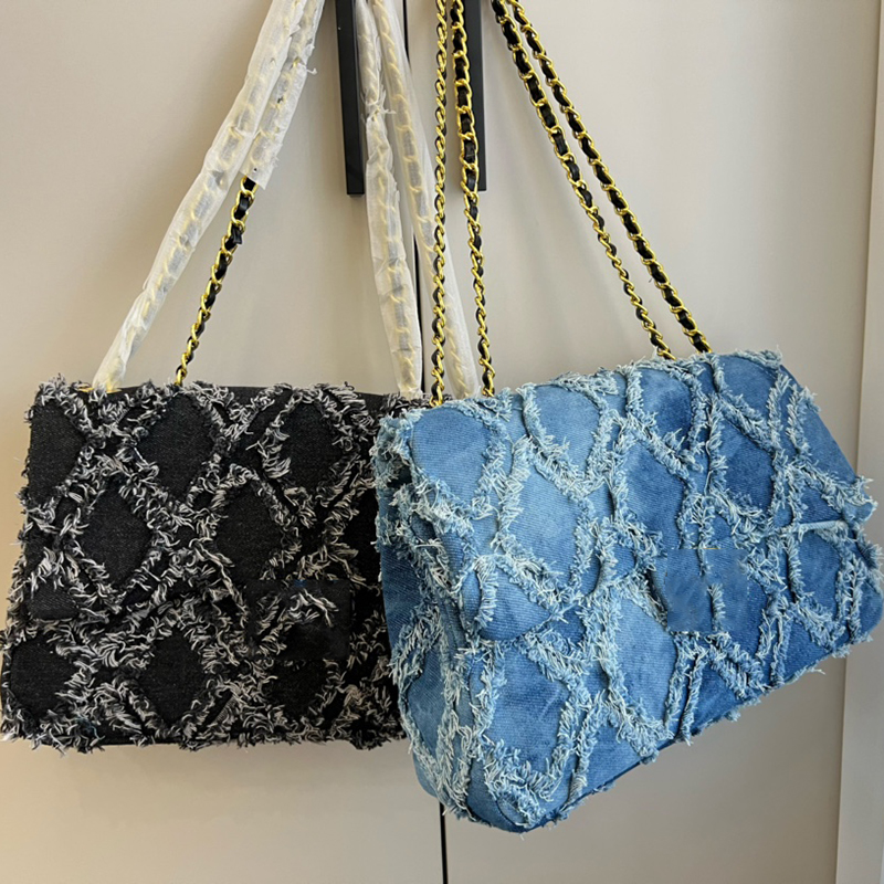 

Designer Women Denim CF Tassels Flap Bag France Brand Canvas Diamond Lattice Hobo Crossbody Messenger Handbags Lady Chain Strap Luxury Designers Shoulder Bags 30cm, Blue