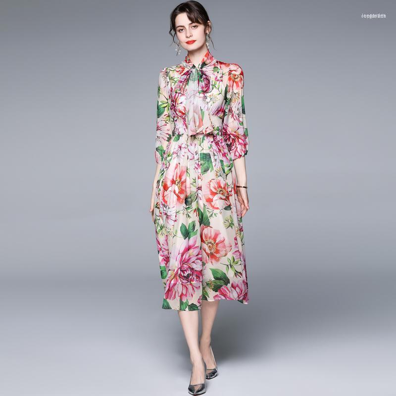 

Casual Dresses Women Elegant Floral Chiffon Dress Festa High Quality Long Prairie Chic Party Robe Femme Vintage Bow Designer VestidosCasual, Print