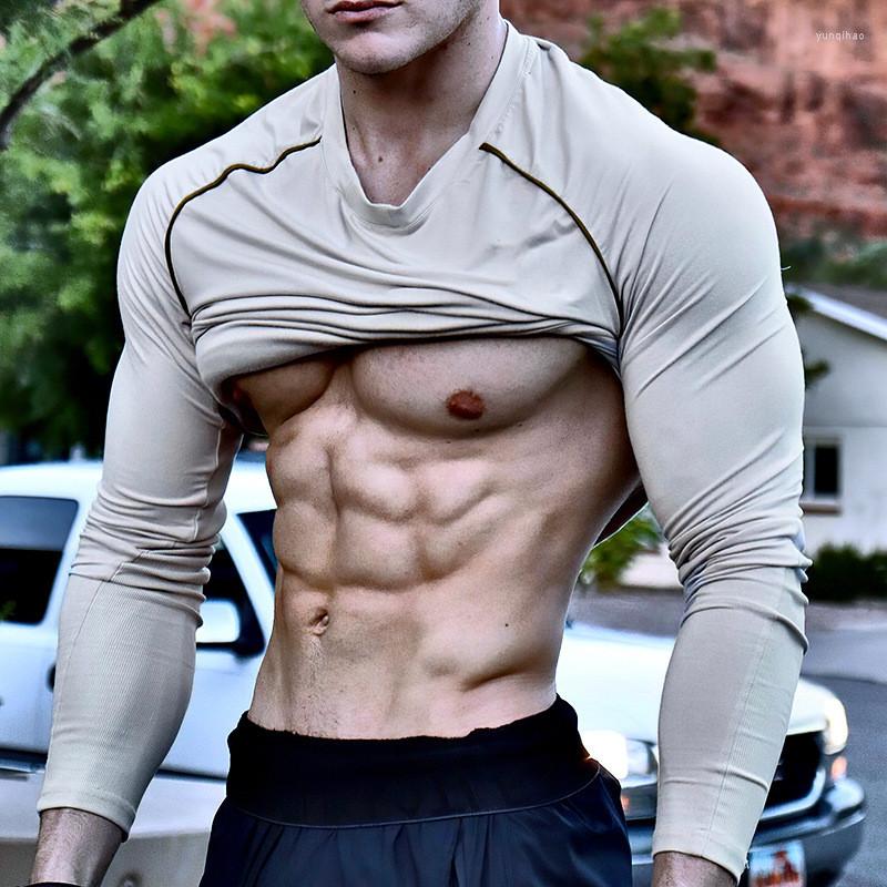 

Men's T Shirts Tight Long Sleeve Male Gym Bodybuilding Exercise Jogger Ragged-sleeve Stretch Shapewear, Gray