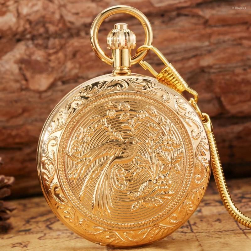 

Pocket Watches Beautiful Double Open Mechanical Big Watch Fine Bird Carved Style Arabic Digital Dial Golden Necklace Pendant Clock Women