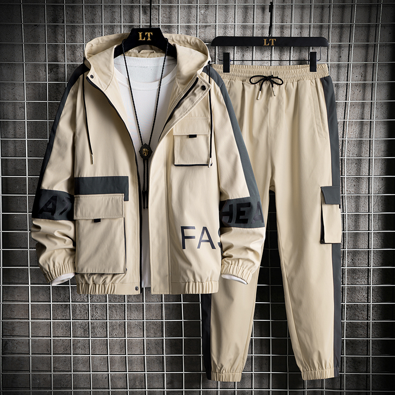 

Harajuku Style Tracksuit Men 2 Piece Set Long Sleeve Hoodie Jacket and Sweatpants Men Jogging Suit Lightweight Clothes Autumn, Khaki