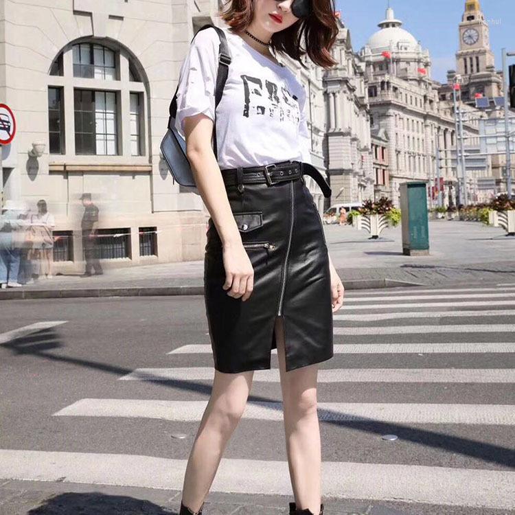 

Skirts Womens Waist Genuine Leather Skirt Ladies Real Skeepskin High Quality Front Zipper Runway Street Designer Straight, Black
