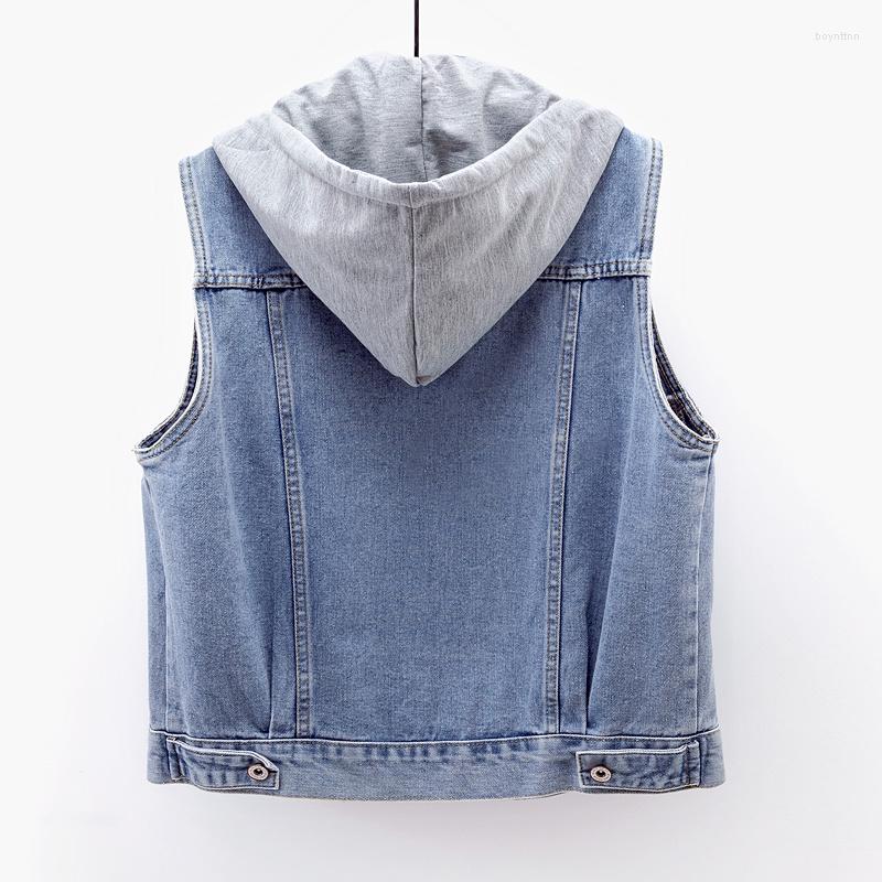 

Women' Vests Blue Vintage Removable Hooded Denim Vest Women Student Waistcoat Cowboy Sleeveless Jacket Coat Loose Short Jeans Female