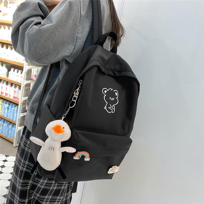 

School Bags Black Nylon Backpacks For Teenagers Girls Cute Cartoon High SchoolBag Women Bookbag Korean Casual College Style 2022, White with badge