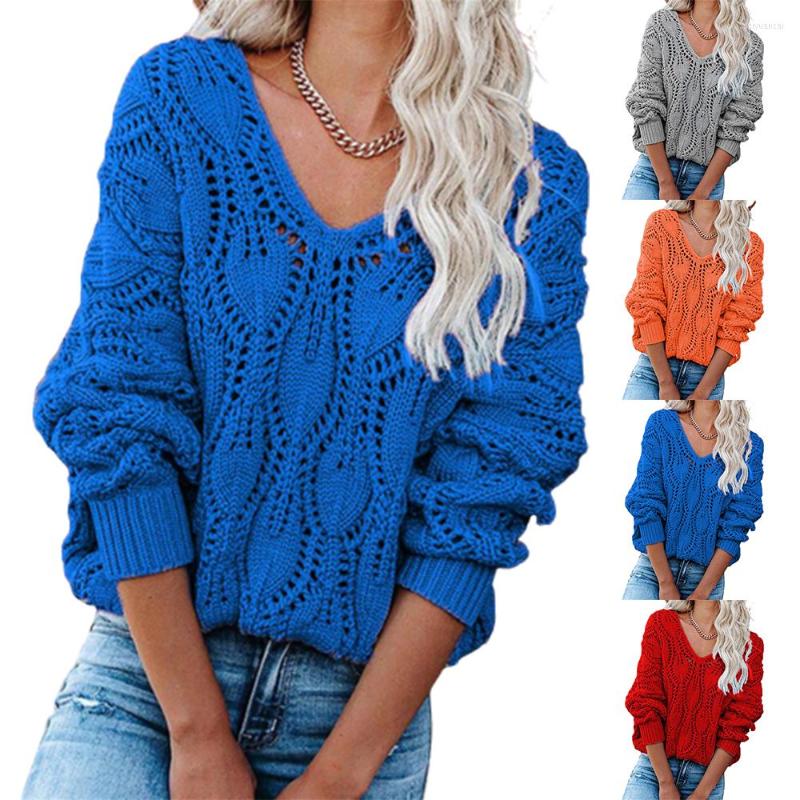 

Women' Sweaters Hollow Out Women Sexy V Neck Sweater Solid Color Female Loose Pullover Jumper, Blue
