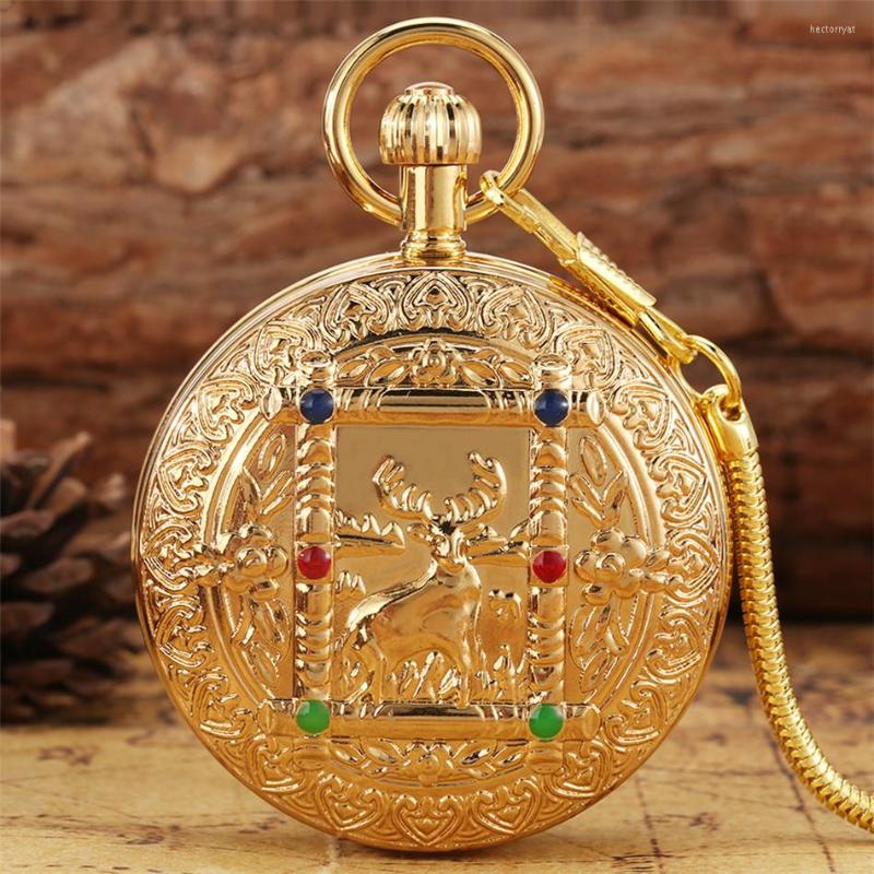 

Pocket Watches Exquisite Elk Pattern Mechanical Self Winding Antique Watch Luxury Gold Copper Double Retro Automatic Clock