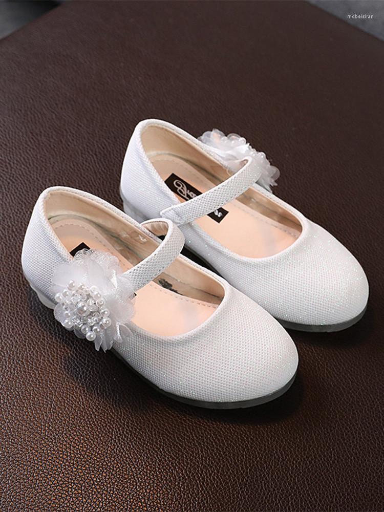 

Flat Shoes Little Girls Pearl Flowers Princess For Wedding Party Dance Kids Fashion Single Children Chaussure Fille Pink White