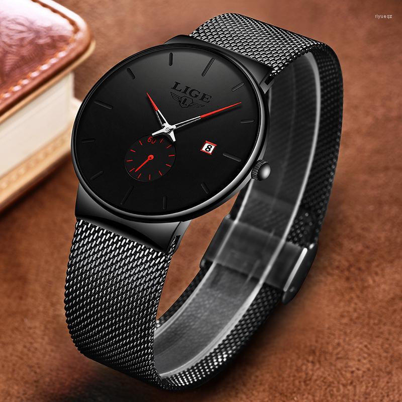 

Wristwatches Fashion Men Watches LIGE Casual Waterproof Mesh Steel Army Military Watch Simple Date Sport Quartz Relogio Masculino, Black red
