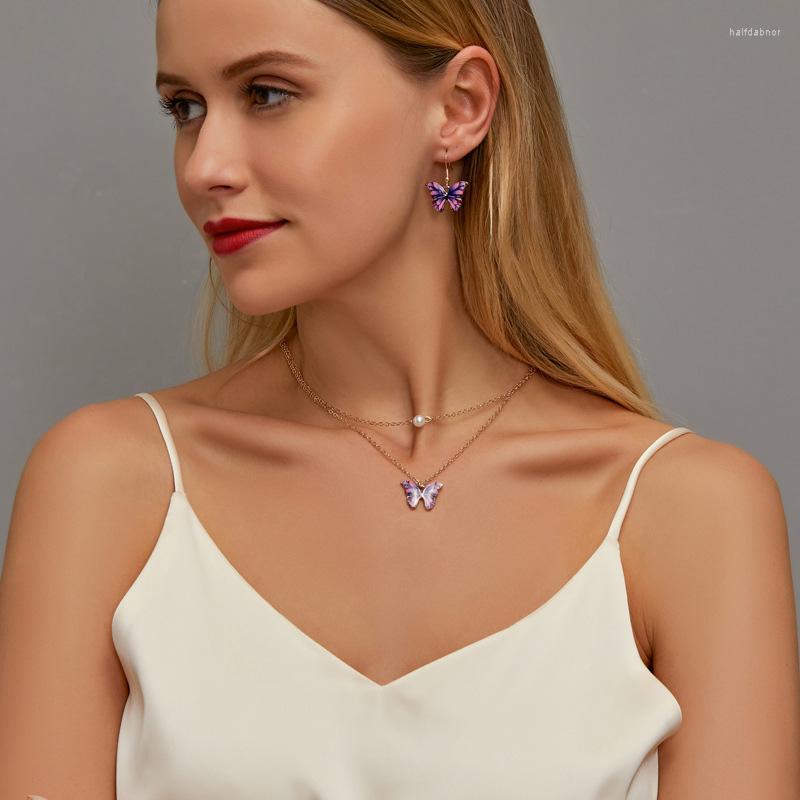 

Necklace Earrings Set 2022 Elegant Jewelry Coloful Butterfly For Women Multilayer Gold Chains Simulated Pearl Necklaces Earring, Picture shown