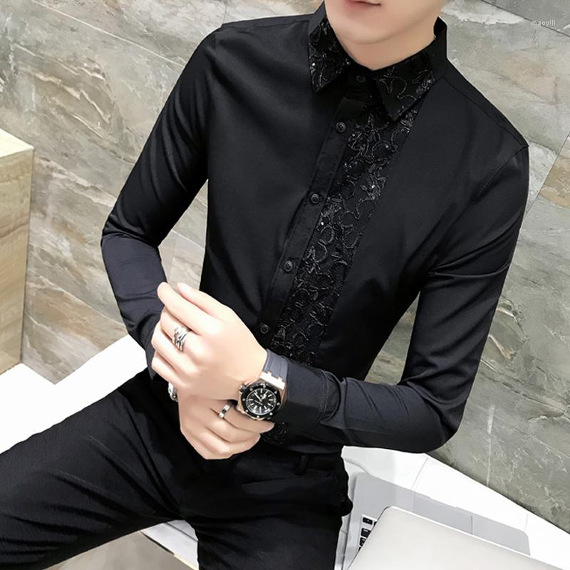 

Men's Casual Shirts Spring Men Stitching Sequined Black Shirt Tide Hairstylist DJ Male Long Sleeved Singer Stage Performance CoatTops, 438 black