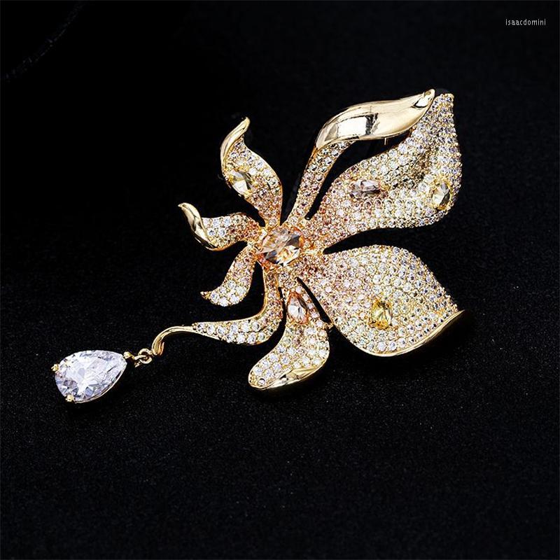 

Brooches Luxury Yellow Pink Zircon Flower Tassel Rhinestone Brooch Lapel Pin Badges Crystal Pins And For Women Jewelry Gift