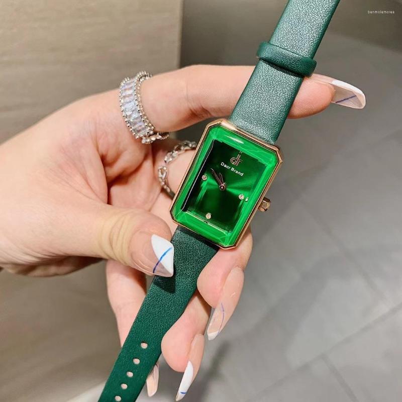 

Wristwatches Vivid Full Green Leather Strap Wrist Watch For Women Candy Colors Square Watches Korean Simple Geometric Quartz Female, Brown