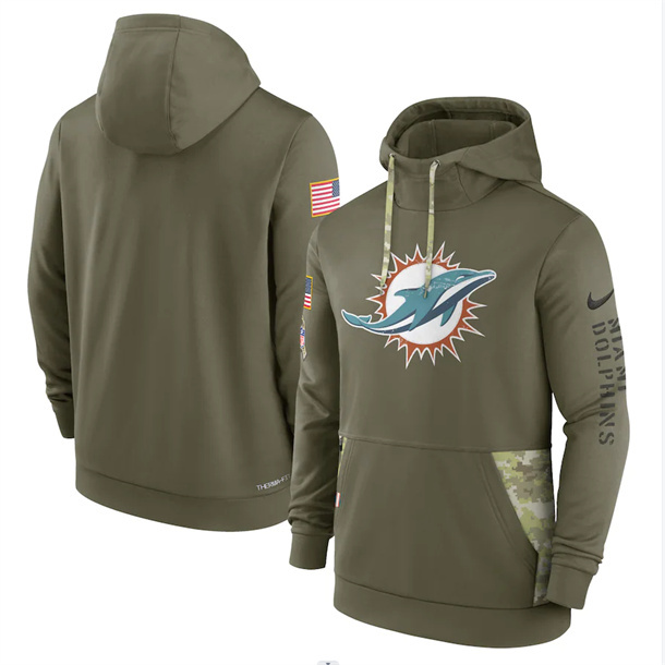 

Custom Men women youth Miami''Dolphins''Olive 2022 Salute to Service Therma Performance Pullover Hoodie