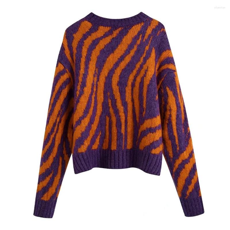 

Women' Sweaters Xikom 2022 Spring Autumn Women Vintage Round Neck Zebra Pattern Sweater Female Casual Loose Pullover Long Sleeve Chic Top, Multi