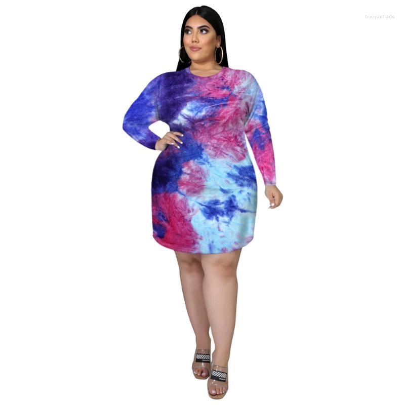 

Plus Size Dresses Autumn Vintage Tie Dye Print XL-5XL Long Sleeve Women Bodycon Midi Dress Vestidos Sexy Club Party FemmePlus, Purple