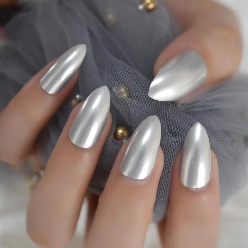 

False Nails Quality Mirror Silver Metallic Stiletto Faux Ongles Artificial Fingernails Medium For Daily Wear With Glue Tabs, L5219