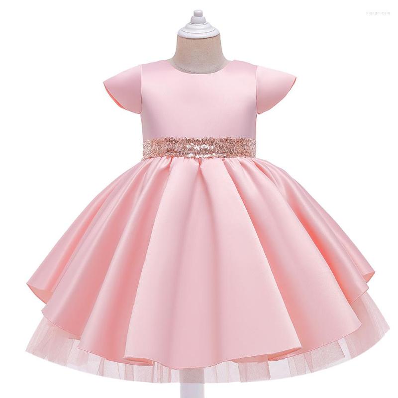 

Girl Dresses Fashion Short Sleeves Sequins Belt Pink Formal Evening Wedding Gown Princess Dress Flower Girls Kids Children Clothing, L5271-blue