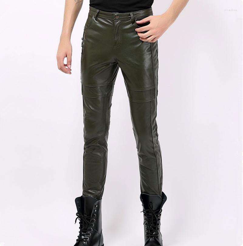 

Men's Pants Genuine Leather Men Real Sheepskin Korean Skinny Tight Motorcycle Biker Male Trousers Army Green Black Plus Size