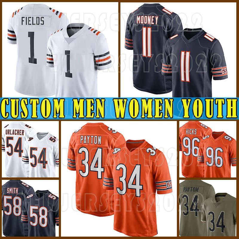 

34 Walter Payton 1 Justin Fields Football Jerseys 11 Darnell Mooney Roquan Smith Cole Kmet Eddie Jackson David Montgomery Robert Quinn Cody Whitehair Khalil Herbert, Custom men(xiongdui)