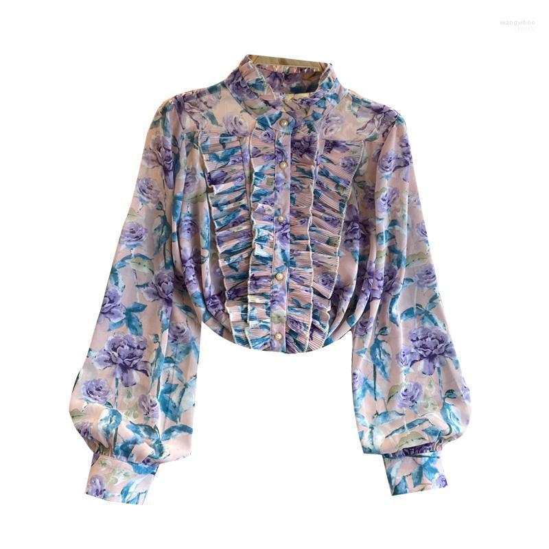 

Women's Blouses Women's & Shirts Autumn Women's Chiffon Long-sleeved Shirt Design Pleated Sweet Floral Blouse With Wood, Picture color1