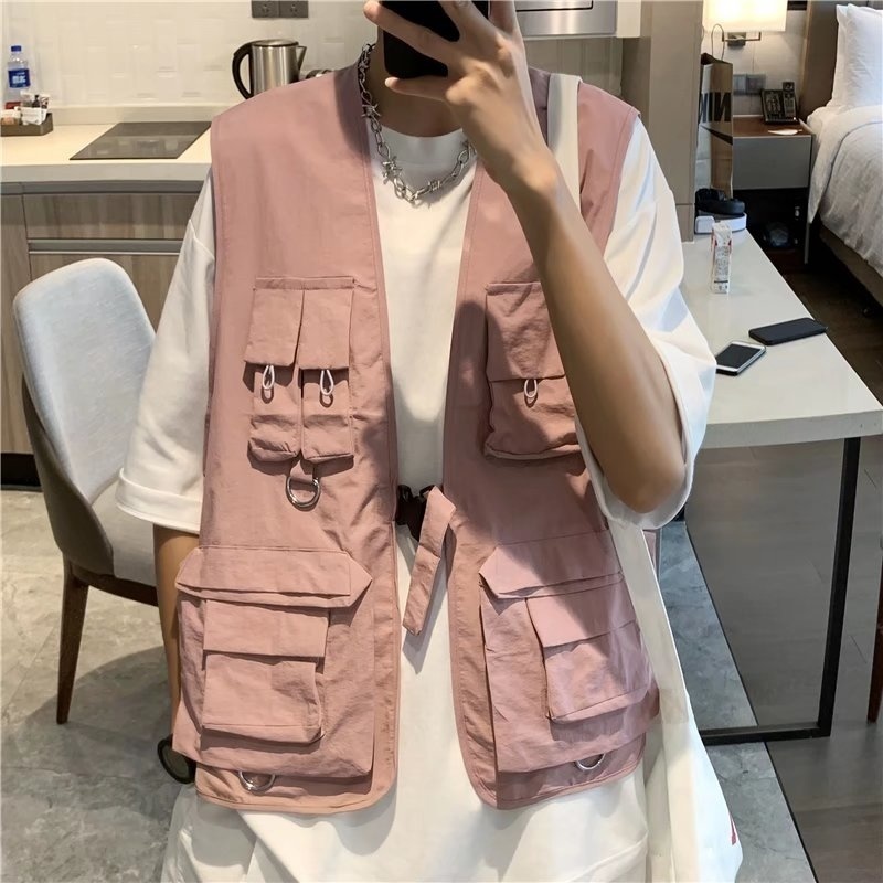 

Men's Vests Black Pink Pocket Vest Men Fashion Retro Casual Cargo Vest Mens Japanese Streetwear Loose Hip Hop Sleeveless Jacket Men M2XL 220930