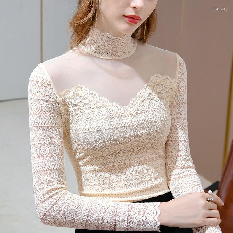 

Women' T Shirts 2022 Fashion Shirt Spring And Autumn Crocheted Long-Sleeved T-shirt Women' Lace Turtleneck Top Clothes Sweater, Beige