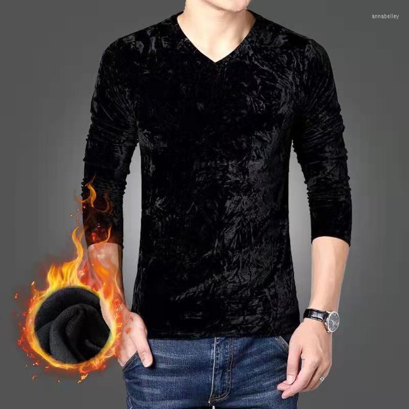 

Men's T Shirts Autumn And Winter Thin Section Plus Velvet Base Shirt Large Size Gold Slim V-neck Long-sleeved T-shirt  -5XL, Picture shown