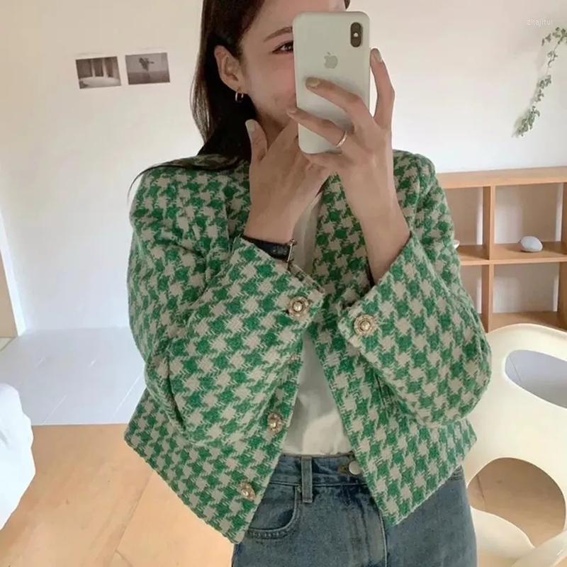 

Women's Jackets Women's Korean Style Chic Temperament V-Neck Short Jacket Pearl Buttons Design Long Sleeve Houndstooth Tweed Women, Blue