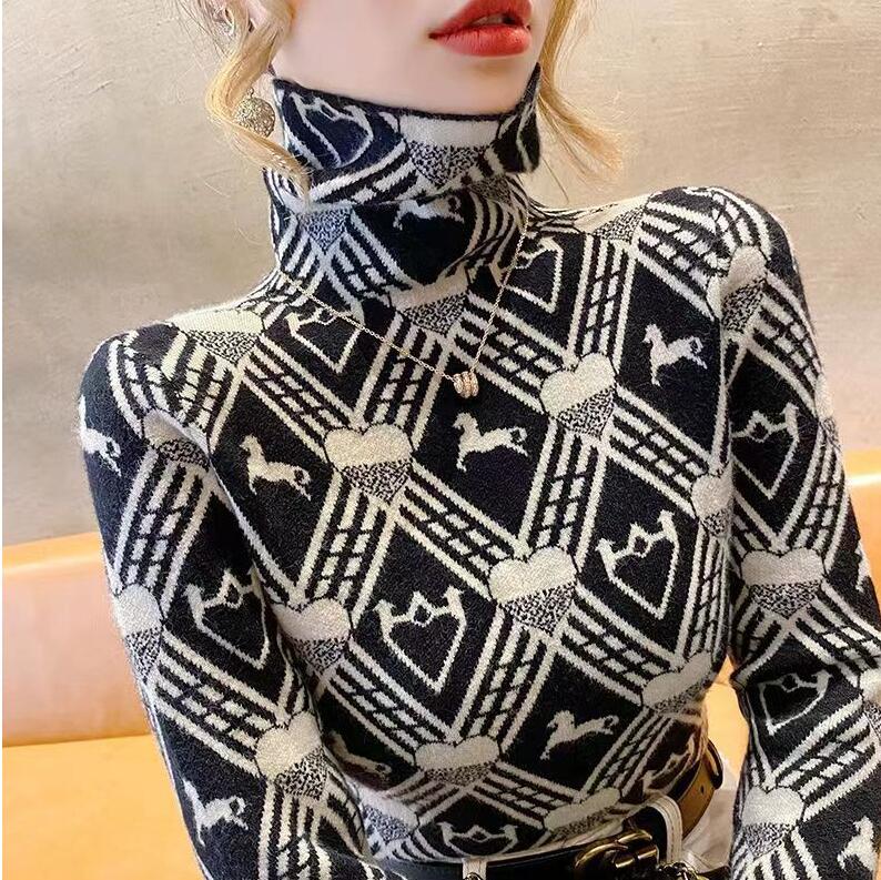 

Women's Sweaters Oversized Luxury Vintage Print Long Sleeve Warmth Half High Collar T Shirt Dress Tee Apple crop Tops, 16