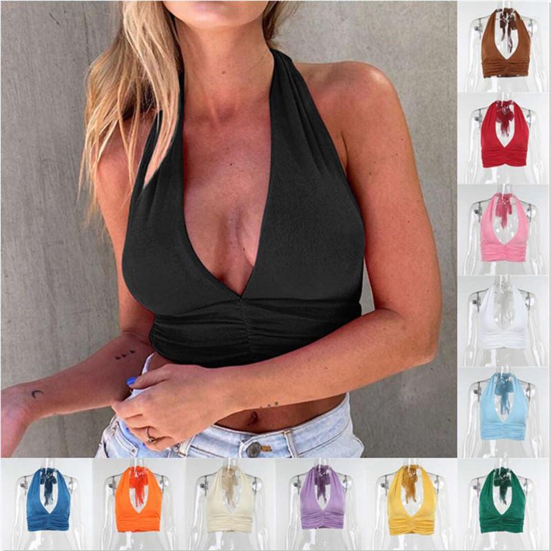

Women's Tanks 2022 Women Sexy Deep V Neck Halter Sleeveless Backless Crop Top Solid Female Outwear Outfits