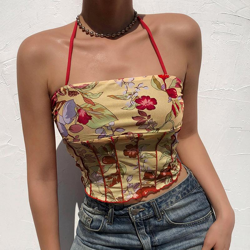 

Women' Tanks Y2k Corset Tops Mesh Sexy Backless Cropped Camis Summer Harajuku Floral Print Sleeveless Crop Top Tee Fashion 90s Camisole, Multi