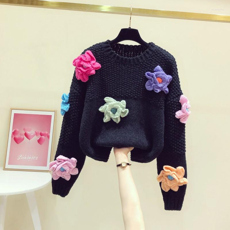 

Women's Sweaters Crochet Flowers Sweater Women's Pullover Winter Clothes Thickened Female Vintage Knitting Coat Loose Girls, Black