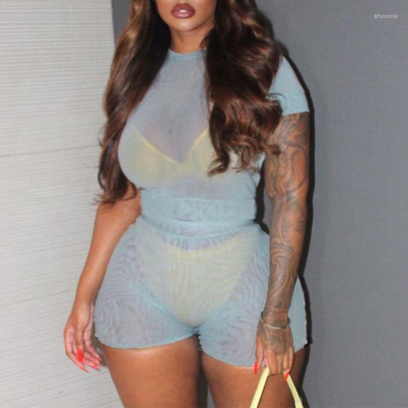 

Women' Tracksuits BKLD Summer Club Streetwear Bodycon 2 Two Piece Sets Women Outfits Short Sleeve Crop Top Biker Shorts Sheer Mesh, Black