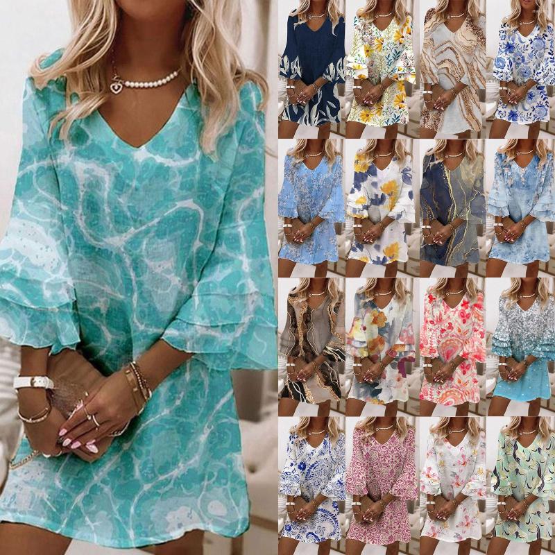 

Casual Dresses Women' Fashion Temperament Elegant Printed V-Neck 3/4 Sleeves Mini Dress Fancy Vintage Floral Long Women Summer, Sky blue