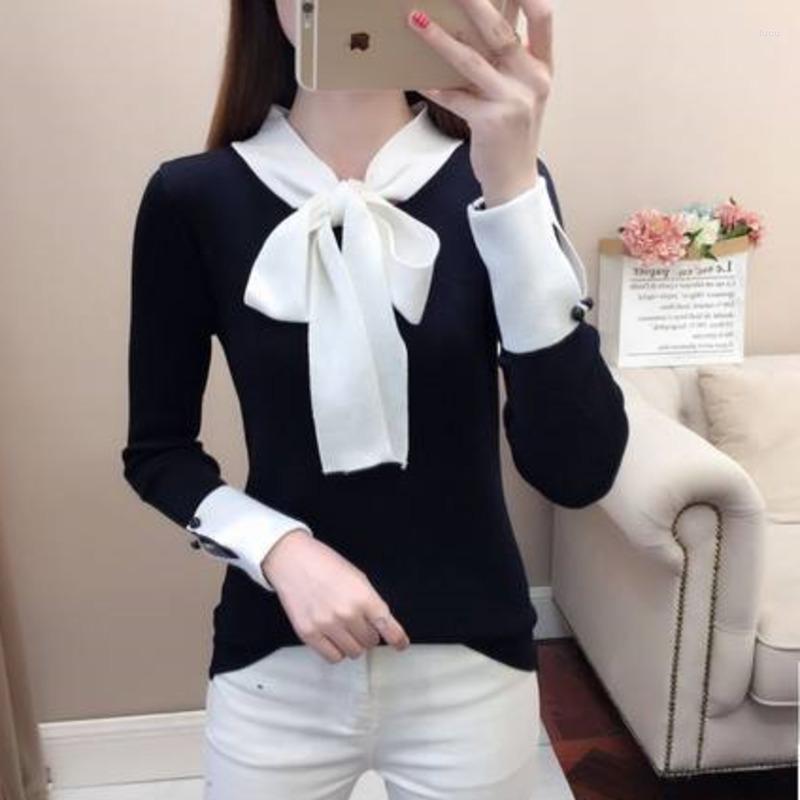 

Women's Sweaters Bowknot Sweater Women's Spring Autumn Korean Slim-fit Knit Tops Long-sleeve Bottoming Shirt Contrast Stitching, Black
