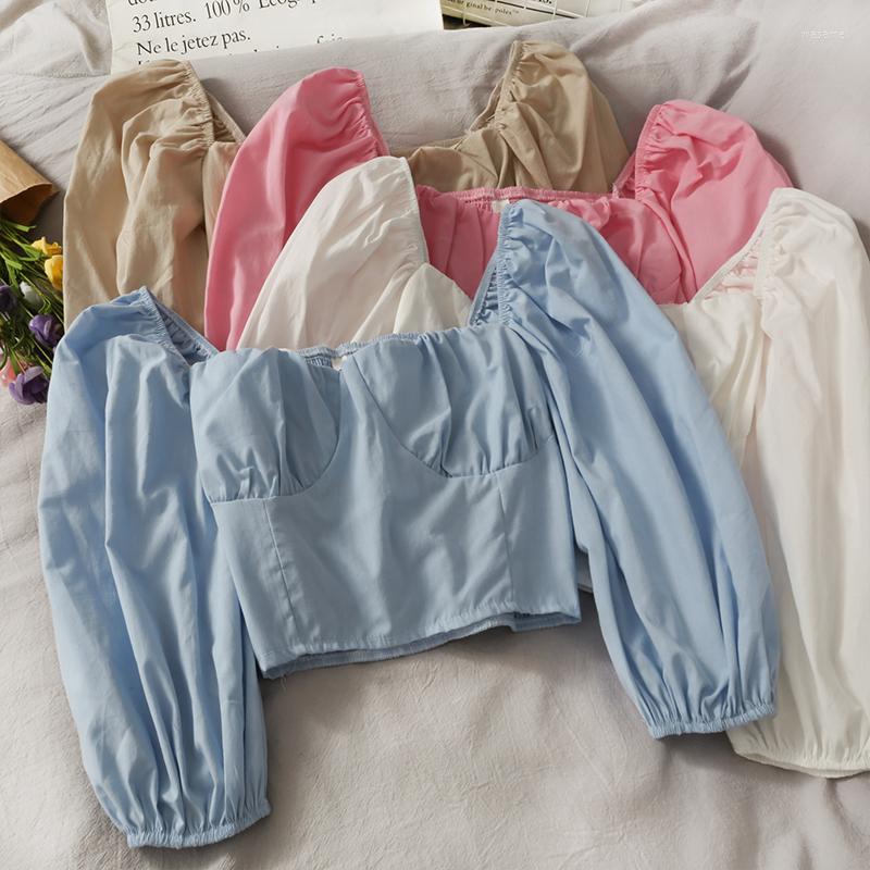 

Women's Blouses Vintage Blouse Woman Elegant French Chic Crop Top Women Blusas Long Sleeve Short Tops Femalesexy Shirts, White