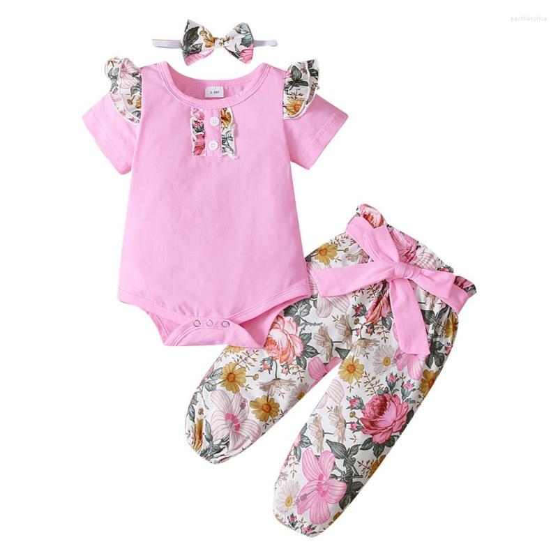 

Clothing Sets Infant Born Baby Girls Short Sleeve Bodysuits Floral Bowknot Pants Headband 3Pcs Clothes Summer Outfits Set, Picture shown